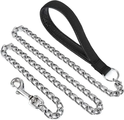 Vista 8 de Correa y collar de metal para perro, cadena a prueba de mordidas de 4 pies con cadena en P, correa resistente para mascotas con mango acolchado