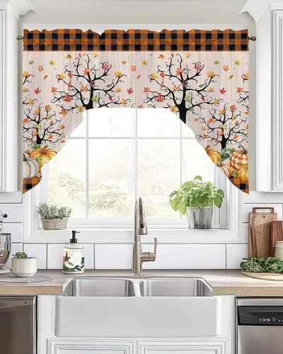 Vista 9 de Pumpkins Thanksgiving Kitchen Curtains Swag Valance and Tier Curtains Set 24 Inch Length, Fall Watercolor Botanical Leaves Retro Rod Pocket Drape