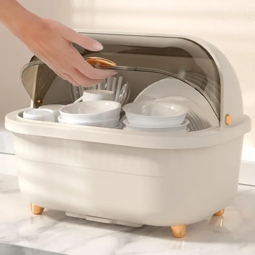 Vista 5 de TOPINCN Escurridor de platos con cubierta de tapa, caja de secado de platos de plástico, escurridor de platos multifuncional que ahorra espacio