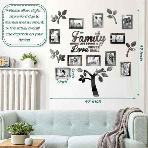 Vista 3 de Calcomanía de Pared de Árbol Genealógico Acrílico 3D DIY Pegatina Espejo Marcos de Fotos Calcomanías de Arte de Pared Removibles Decoraciones