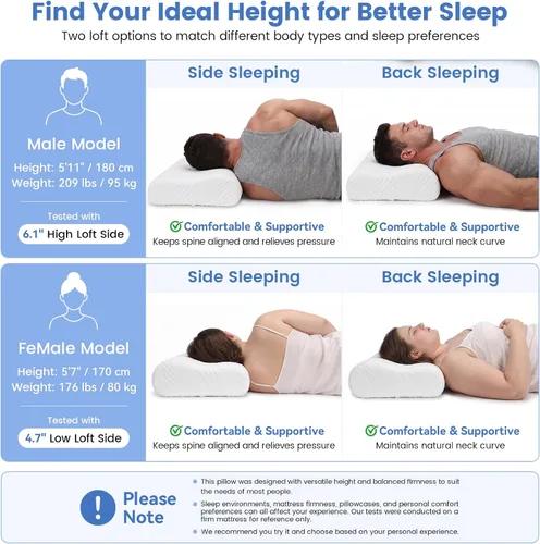 Vista 12 de Almohada de espuma viscoelástica, doble altura (4.7 y 6.1 pulgadas), almohada cervical de alto perfil para dormir de lado, almohada ergonómica