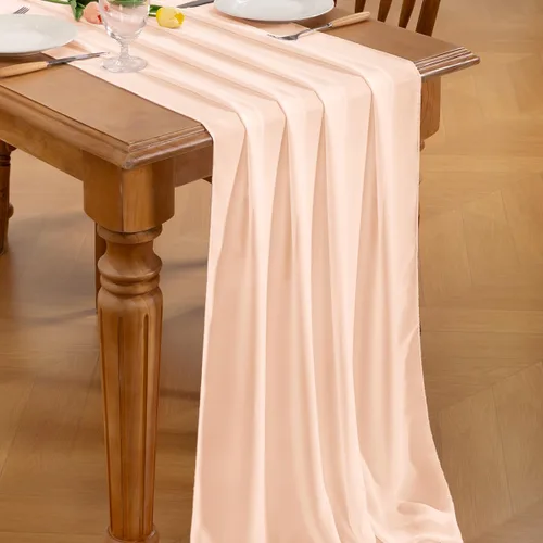 Vista 4 de Socomi Camino de mesa de gasa beige para verano, bohemio, rústico, de 10 pies, 29 x 120 pulgadas, decoración de camino de mesa de boda, decoración