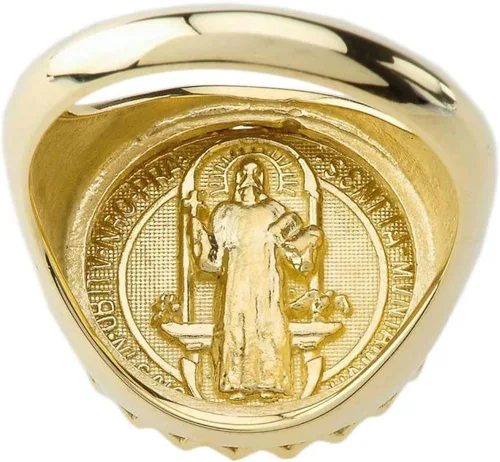 Vista 2 de Exquisito anillo de oro amarillo de 10 quilates con medalla de San Benito