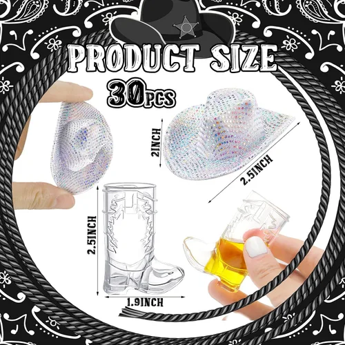 Vista 2 de Vesici 30 piezas de mini sombrero de vaquera occidental botas de tiro de vaquera diminuta vaquera con purpurina lentejuelas plata sombrero