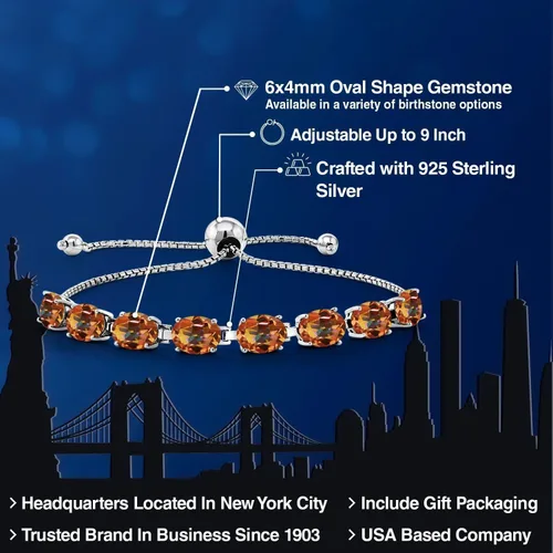 Vista 117 de Gem Stone King Pulsera de plata de ley 925 con piedra natal ovalada de 0.276 x 0.197 in para mujer, totalmente ajustable hasta 9 pulgadas