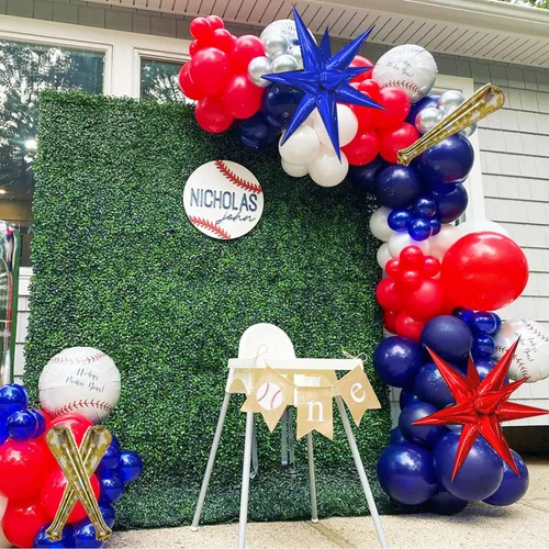 Vista 7 de Kit de arco de guirnalda de globos de béisbol de 150 piezas, globos de papel de aluminio rojos, azules, blancos, plateados y con estrella de bate