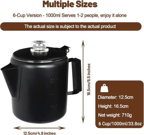 Vista 2 de Percolador de 6 Tazas de Acero Inoxidable 304 Cafetera Máquina de Café con Mango de Madera Sólida Perilla Transparente Estufa Greca Mocha