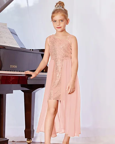 Vista 7 de GRACE KARIN Vestido de lentejuelas para niñas, vestido de fiesta de cumpleaños de un hombro, vestidos de graduación 6-14 años