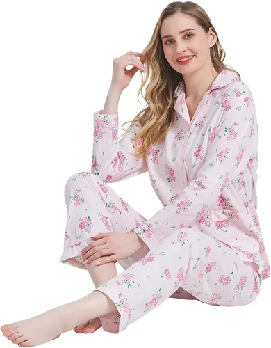 Vista 5 de Amaxer Conjunto de pijama 100% algodón para mujer, de manga larga, suave, con botones, con cordón elástico