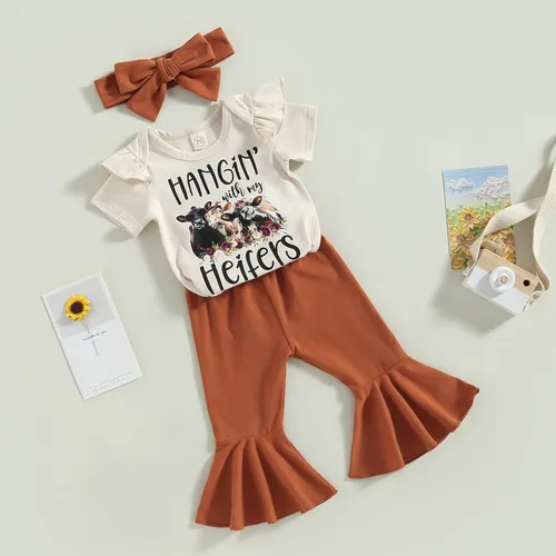 Vista 2 de Conjunto de ropa para bebé niña de manga corta con estampado de vaca + pantalones acampanados, ropa occidental