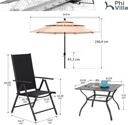 Vista 9 de PHI VILLA Juego de comedor de patio de 5 piezas con sombrilla de 10 pies (beige), juego de mesa y sillas para exteriores con sillas de comedor