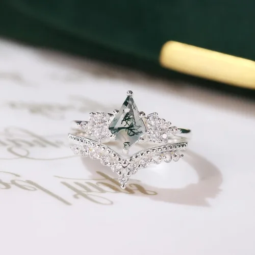 Vista 5 de ELMERA Anillo de compromiso para mujer, plata de ley 925, ágata musgo natural, anillo de promesa para ella, anillo de compromiso de ágata musgo