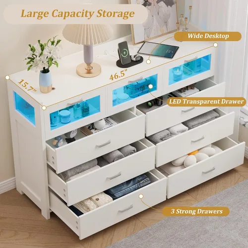Vista 5 de Whalefall Cómoda blanca para dormitorio con 9 cajones, cómoda con luces LED y estación de carga, cómoda moderna con 3 cajones visuales, cómoda LED