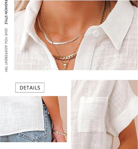 Vista 4 de Mayntop Camisas de lino de algodón para mujer, color sólido, de gran tamaño, cuello abotonado, camiseta holgada