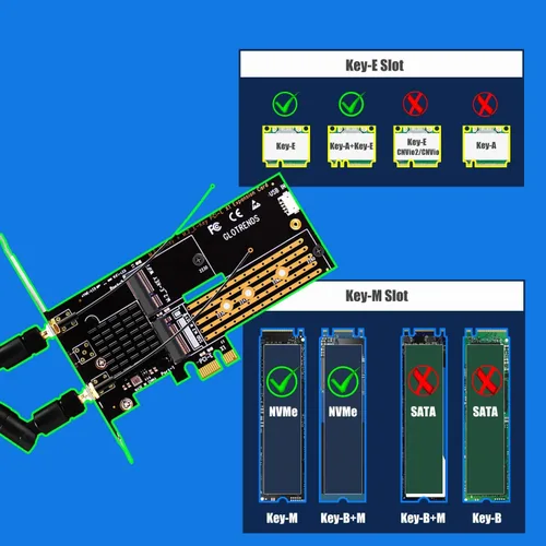 Vista 6 de GLOTRENDS Adaptador WA05 PCIe X1 para un módulo WiFi M.2 Key-E y un SSD NVMe M.2, diseño combinado 2 en 1