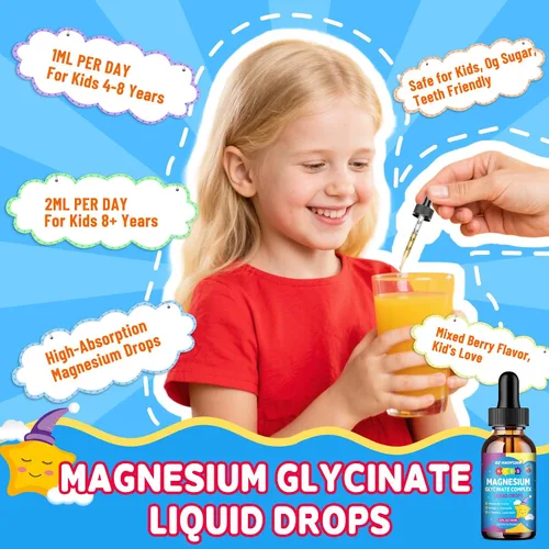 Vista 4 de Gotas líquidas de glicinato de magnesio para niños, con L-teanina, omega-3, vitaminas B6 y D3, zinc y calcio, para apoyo al sueño, relajación