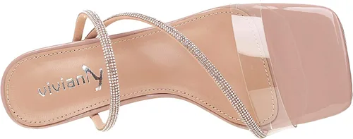 Vista 6 de vivianly Sandalias de tacón con tiras transparentes con diamantes de imitación para mujer, con puntera cuadrada, tacones altos, deslizantes, vestido