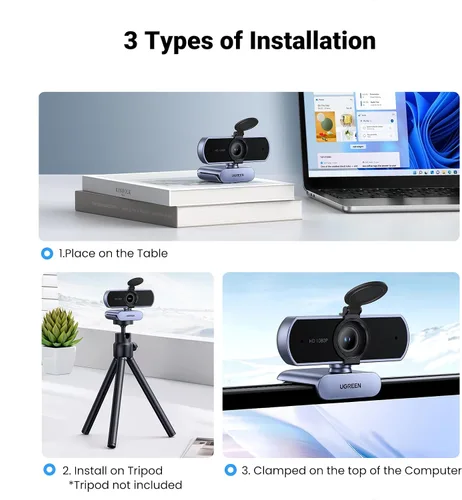 Vista 6 de UGREEN Cámara web Full HD 1080P con micrófono, 2 micrófonos con cancelación de ruido, 85° Fov y enfoque fijo, Plug and Play, corrección automática