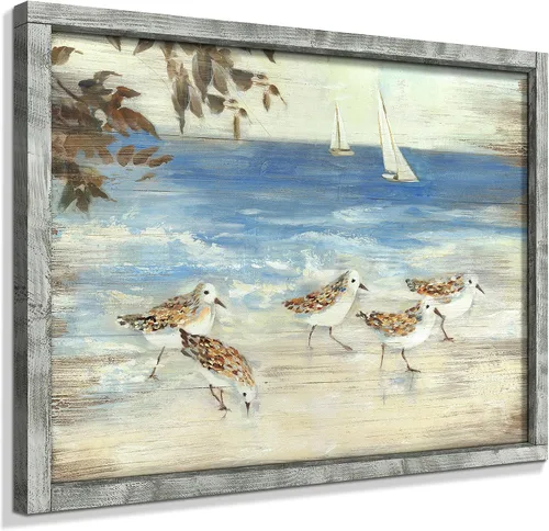 Vista 14 de Pintura enmarcada de paisaje marino: arte abstracto del océano, imagen costera, impresiones de veleros en madera en estilo moderno para decoración