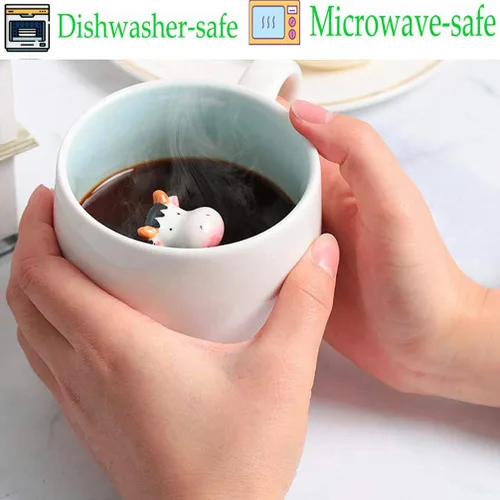 Vista 2 de Tazas de café de cerámica con diseño de vaca, 3 piezas, tazas de café de cerámica con manualidades, porcelana pequeña, vaca y cuchara, taza