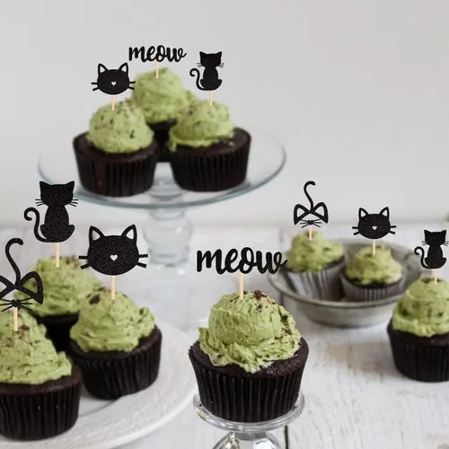 Vista 6 de Paquete de 24 adornos para cupcakes de gato y miau, con purpurina negra, para gatitos, gatos, cupcakes, alimentos, amantes de los gatos, temática