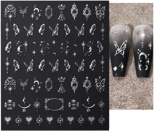 Vista 8 de Calcomanías de uñas metálicas plateadas 3D – Calcomanías de uñas para mujer, diseño de estrellas, luna y sol, decoración de mariposas y bohemio