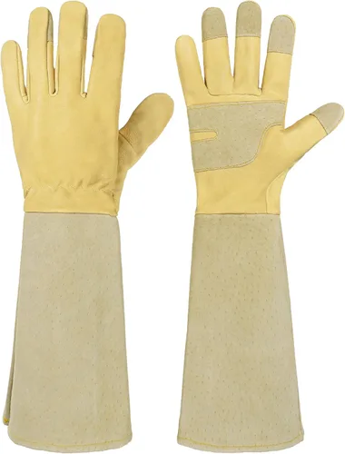 Vista 15 de HANDLANDY Guantes de poda largos para hombres y mujeres, de piel de cerdo, guantes de jardinería de rosas, guantes transpirables y duraderos