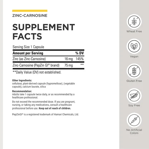 Vista 3 de Integrative Therapeutics Zinc-Carnosine - Apoyo para la salud digestiva y del intestino* - Suplemento para el tracto gastrointestinal - Vegano, sin