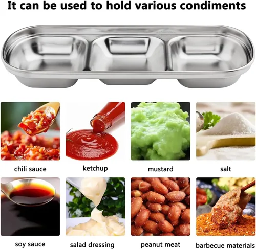 Vista 6 de 6 cuencos de acero inoxidable para salsa de soja, 3 rejillas, platos de salsa divididos, guarniciones para salsa de soja, salsa de tomate