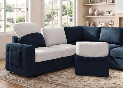 Vista 5 de HONBAY Sofá cama modular con cama extraíble, sofá seccional en forma de U, cama con diván de almacenamiento, sala de estar, sofá modular de 6 Azul