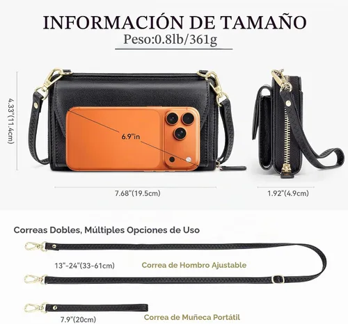 Vista 6 de nuoku Cartera RFID para Mujer Monedero Muñequera Bandolera Clutch con Cremallera Perimetral 2 Correas Negro