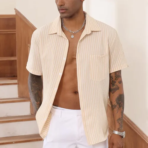 Vista 2 de Camisas casuales de lino con botones y manga corta a rayas para hombre