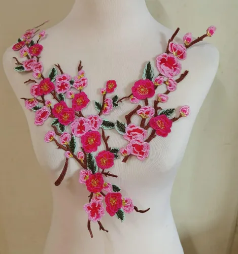 Vista 7 de 1 juego/2 piezas de parches de bordado de flores de Quince Sakura para planchar, appliques para decoración DIY (Azul)