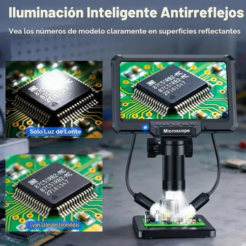 Vista 3 de Microscopio de soldadura digital LCD de 7 pulgadas con luces remotas y laterales For soldering and PCB inspection. 7" screen, remote and 2 side