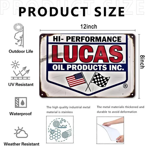 Vista 4 de Lucas Oil Products INC HiPerformance - Letrero de metal vintage de carreras automotrices, estampado estético para jardín, patio, bar, porche, hogar