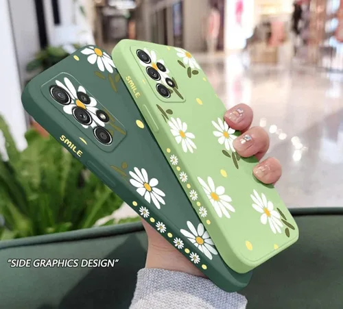 Vista 5 de Funda para Galaxy A53 5G, diseño de margaritas, protección completa de lente de cámara, a prueba de golpes, TPU parachoques de silicona líquida