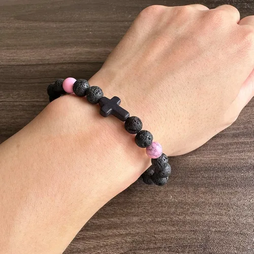 Vista 2 de Pulsera de cuentas cruzadas Pulsera difusora de aceite esencial Pulsera elástica de piedra turquesa de roca de lava