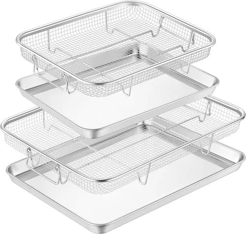 Vista 8 de TeamFar Cesta para freidora de aire para horno, juego de 2 cestas y bandeja de freidora de aire de acero inoxidable, estante para freidora de aire