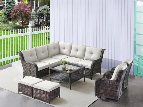 Vista 21 de HUMMUH Juego de 2 Sillas Giratorias Mecedoras de Mimbre para Patio Exterior, Juego de Muebles de Sillas Mecedoras de Ratán (Marrón, Azul) 50,000