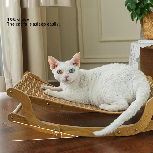 Vista 8 de Hamaca elevada para gatos, catre elevado transpirable para mascotas con cojín extraíble lavable, marco de madera y alfombrilla de ratán