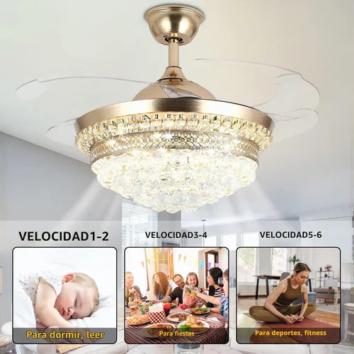 Vista 5 de Lámpara de techo invisible de 42 pulgadas con luz, ventilador de techo de cristal moderno, control remoto, 4 aspas retráctiles de ABS para Dorado
