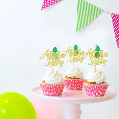 Vista 7 de Ercadio Aloha - Paquete de 24 adornos para cupcakes de piña con purpurina Hawaii Aloha Baby Cupcake Picks Hawaiian Luau Tropical Summer Aloha