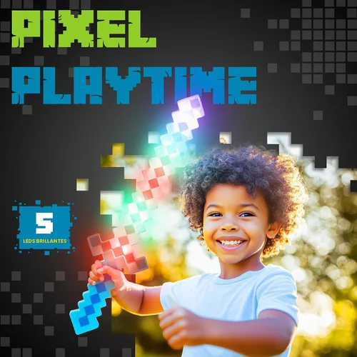 Vista 2 de Fun Central Paquete de 2 espadas de juguete LED de 24 pulgadas con luz azul Pixel de 8 bits para niños, juego de luces intermitentes, rellenos