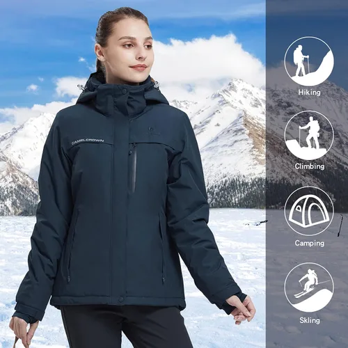 Vista 38 de CAMEL CROWN - Chamarra de esquí para mujer, impermeable, con capucha desmontable, rompevientos, forro polar, parka para lluvia
