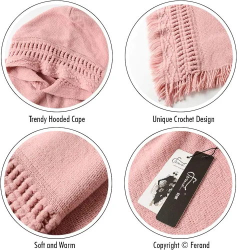 Vista 4 de Capa con capucha Ferand con flequillo en el dobladillo patrones de ganchillo para tejer poncho para mujer