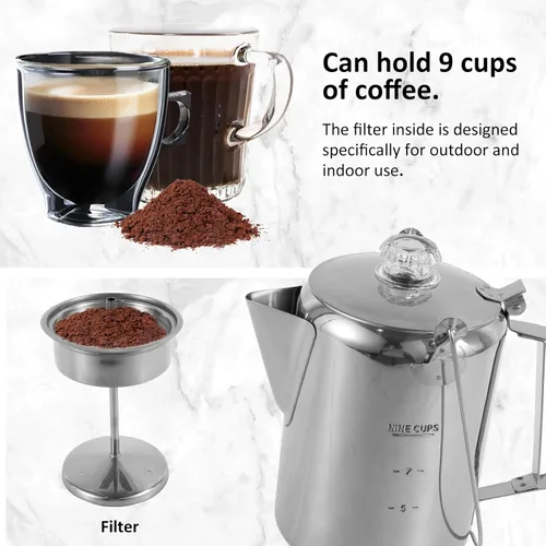 Vista 3 de Cafetera de camping – Percolador de estufa con perilla de vidrio superior transparente – Cafetera de camping para viajes de preparación rápida