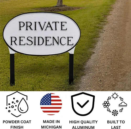 Vista 2 de Montague Metal Products Letrero de residencia privada – Placa de metal ovalada blanca y negra con estacas para césped, 10 x 18 pulgadas, letrero
