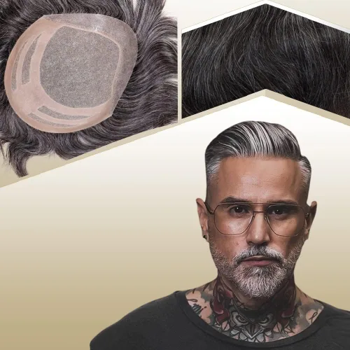 Vista 19 de Sistema de reemplazo de cabello humano para hombre, tupé para hombre, piel fina con parte superior de encaje mono y la parte trasera de poliuretano