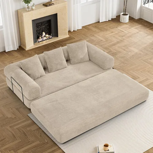 Vista 15 de DAMAIFROM - Sofá cama convertible sin huesos, color beige y blanco 80" Corduroy Modular Compressed Futon Sofa Bed, Pull-Out Cloud Loveseat with