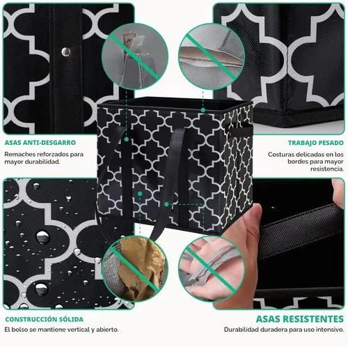 Vista 6 de Bolsas reutilizables para comestibles, paquete de 2 unidades, plegable, lavable, cesta de almacenamiento grande, color negro